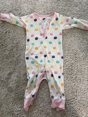 White Macaron-Print Kids One-Piece Bodysuit with Pink Trim